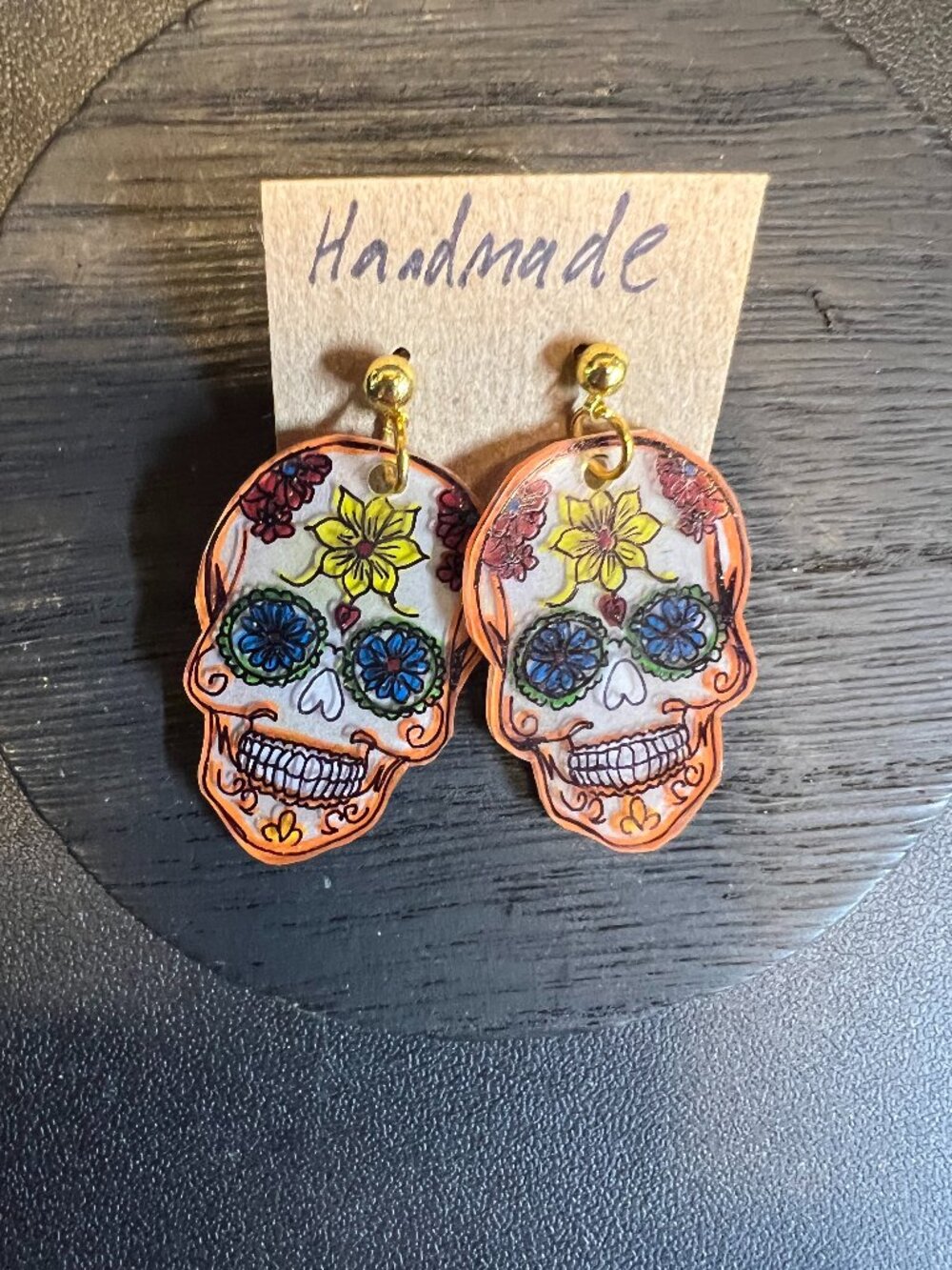 Handmade Sugar Skull Dangle Earrings, Goldtone Posts, Halloween, Day of the Dead
